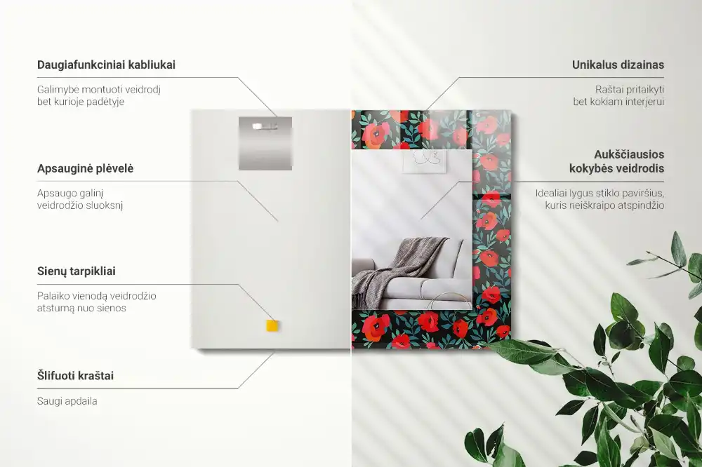 Obdĺžnikové zrkadlo s motívom Kvety maku