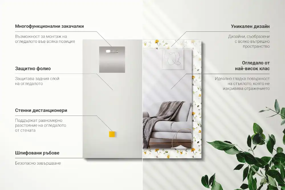 Obdĺžnikové ozdobné zrkadlo Vzor kvetov a listov