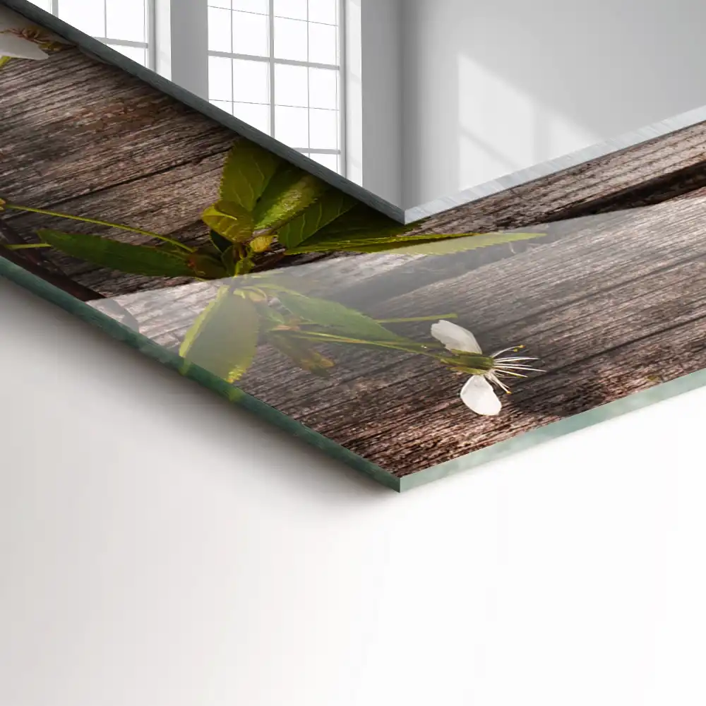 Obdĺžnikové dekoračné zrkadlo Kvety na dreve