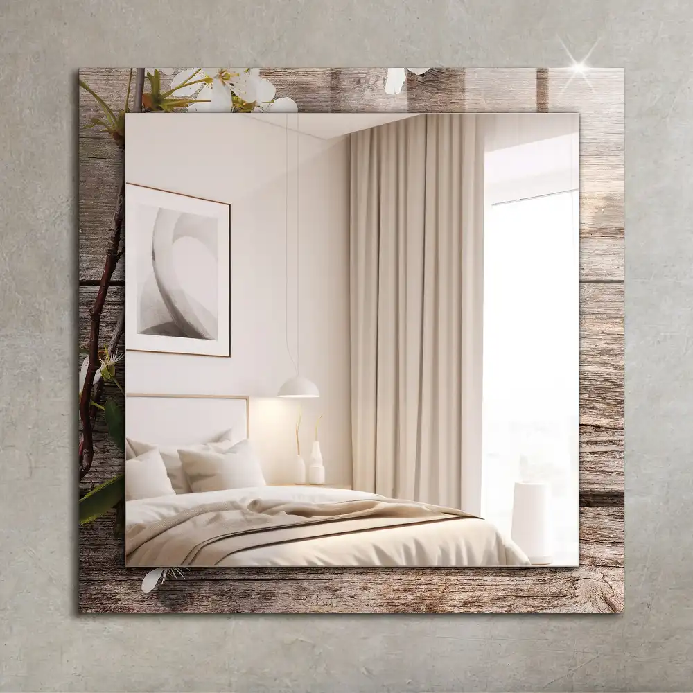 Obdĺžnikové dekoračné zrkadlo Kvety na dreve