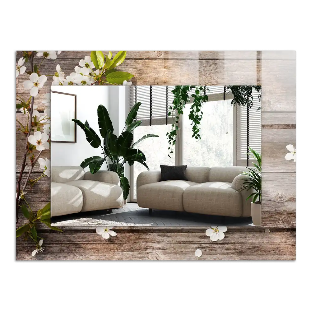 Obdĺžnikové dekoračné zrkadlo Kvety na dreve