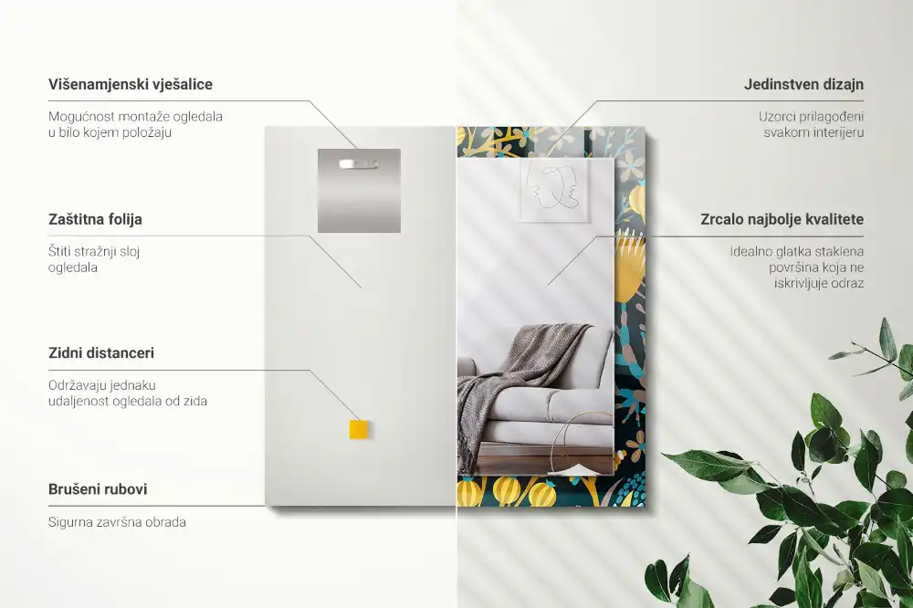 Obdĺžnikové ozdobné zrkadlo Vzory kvetov a listov