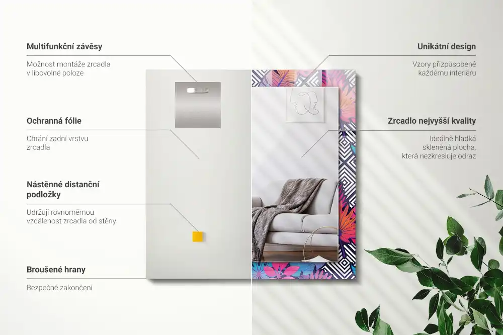 Obdĺžnikové zrkadlo s motívom Farebné tropické listy