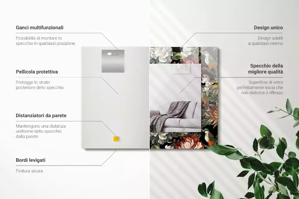 Obdĺžnikové zrkadlo s motívom Kvety a vtáky