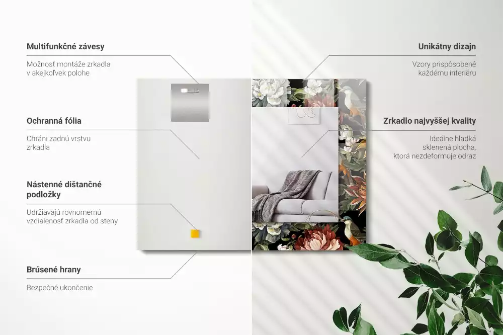 Obdĺžnikové zrkadlo s motívom Kvety a vtáky