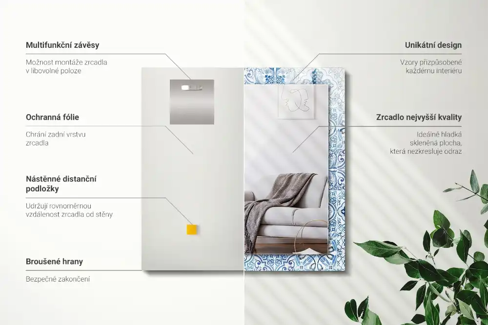 Obdĺžnikové zrkadlo s motívom Modré dekoratívne dlaždice