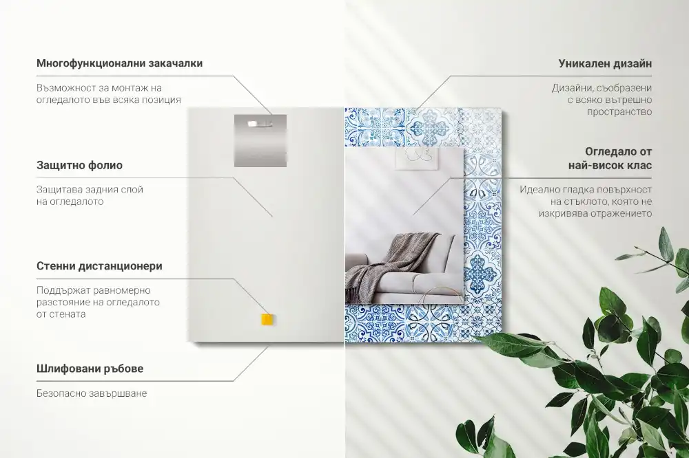 Obdĺžnikové zrkadlo s motívom Modré dekoratívne dlaždice