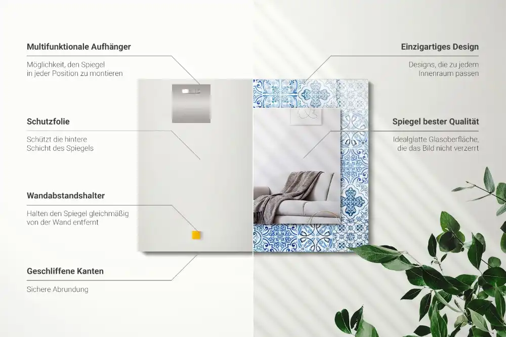 Obdĺžnikové zrkadlo s motívom Modré dekoratívne dlaždice