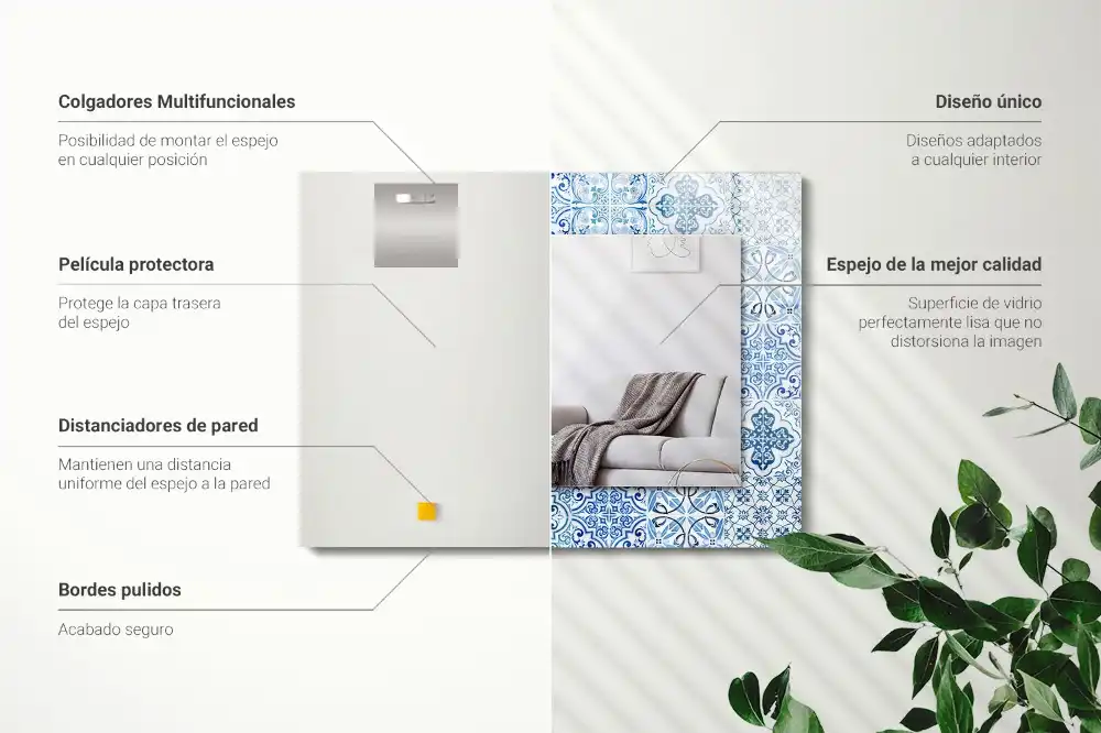 Obdĺžnikové zrkadlo s motívom Modré dekoratívne dlaždice