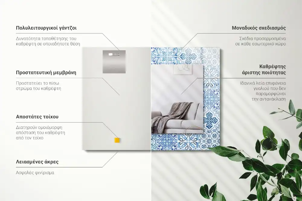 Obdĺžnikové zrkadlo s motívom Modré dekoratívne dlaždice