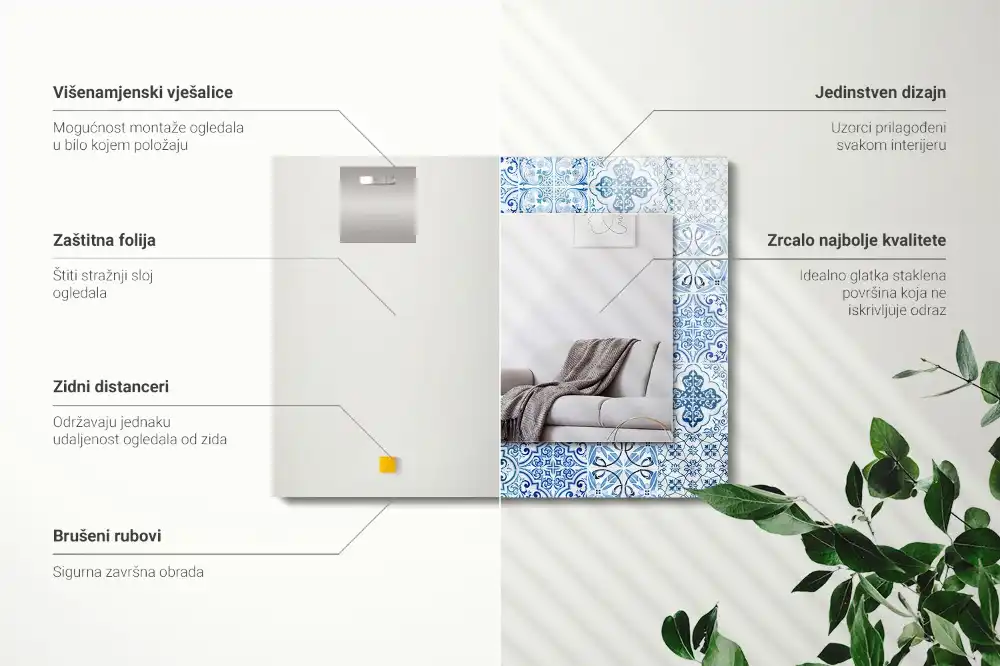 Obdĺžnikové zrkadlo s motívom Modré dekoratívne dlaždice