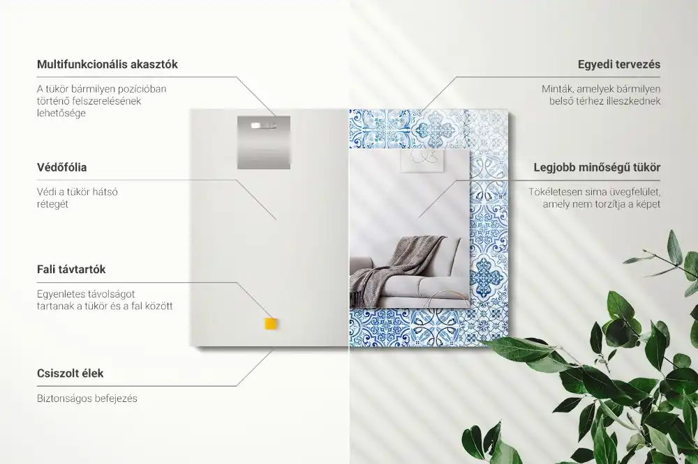 Obdĺžnikové zrkadlo s motívom Modré dekoratívne dlaždice