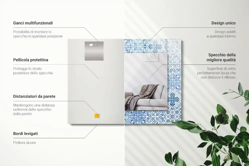 Obdĺžnikové zrkadlo s motívom Modré dekoratívne dlaždice