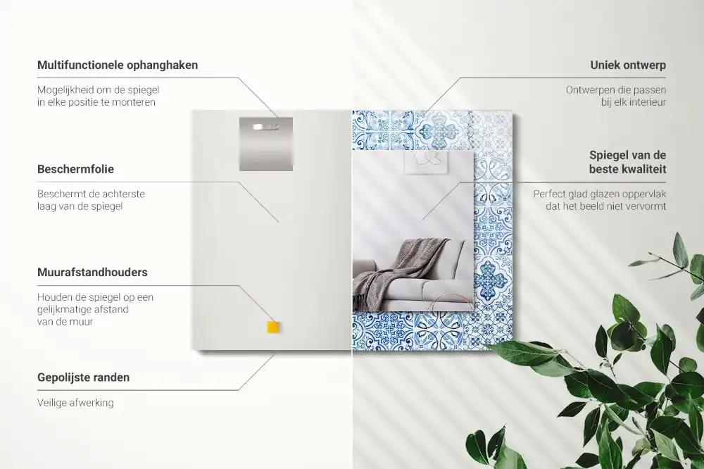 Obdĺžnikové zrkadlo s motívom Modré dekoratívne dlaždice