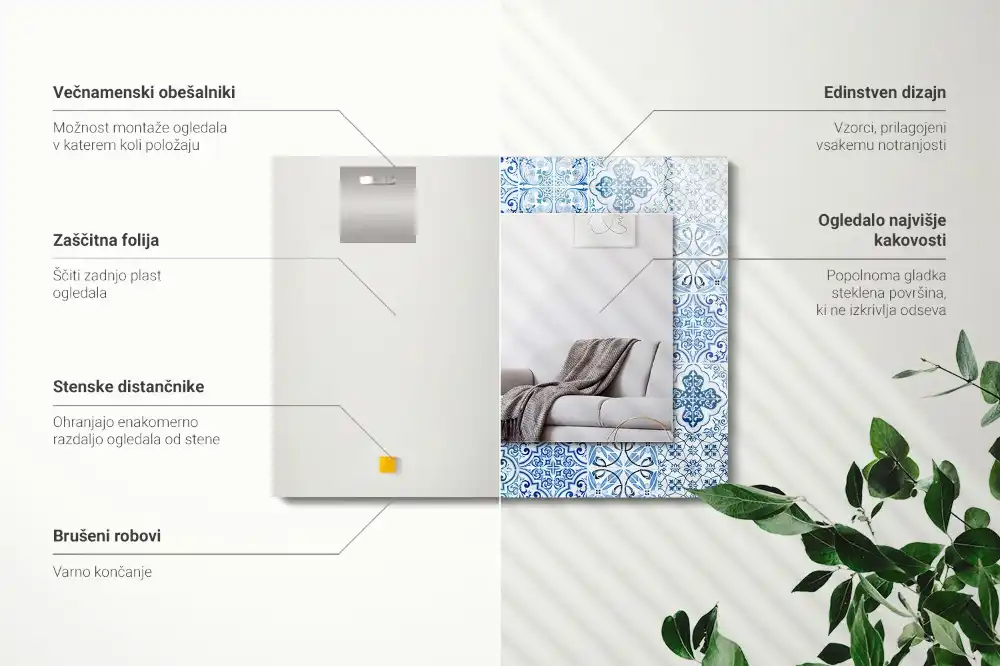 Obdĺžnikové zrkadlo s motívom Modré dekoratívne dlaždice