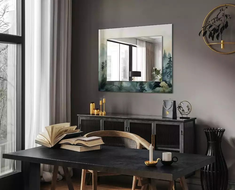 Obdĺžnikové dekoračné zrkadlo Les v hmle