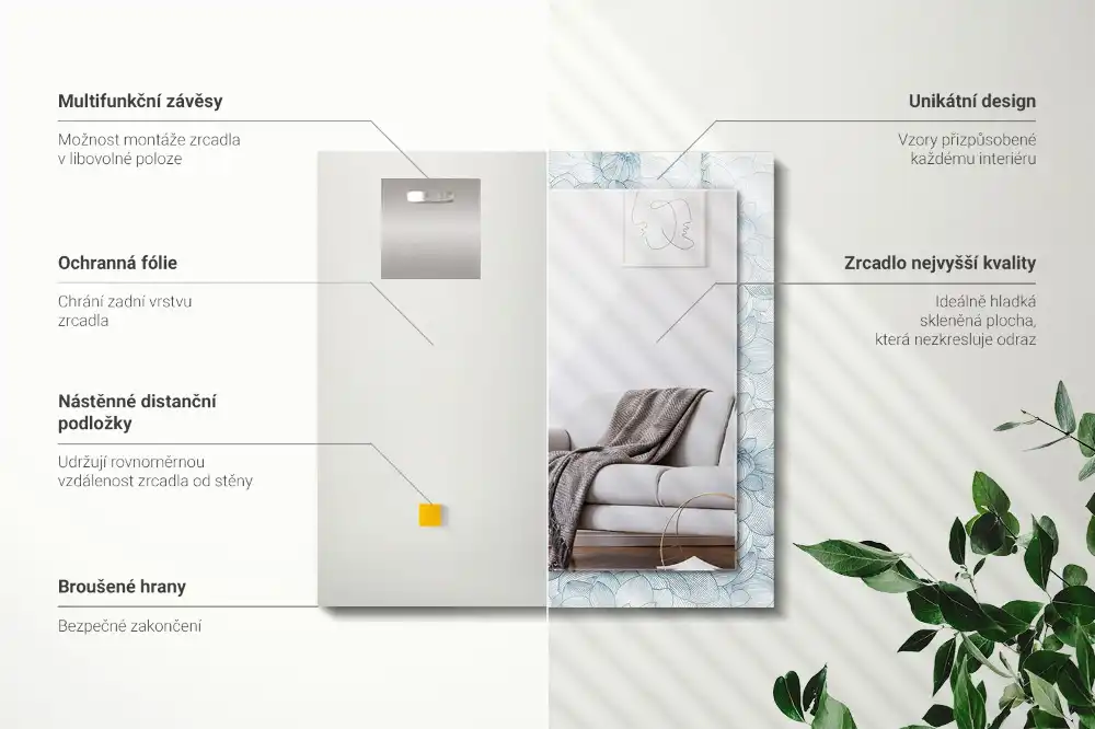 Obdĺžnikové dekoračné zrkadlo Modrý vzor kvetov