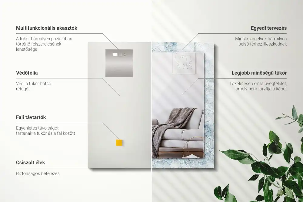 Obdĺžnikové dekoračné zrkadlo Modrý vzor kvetov