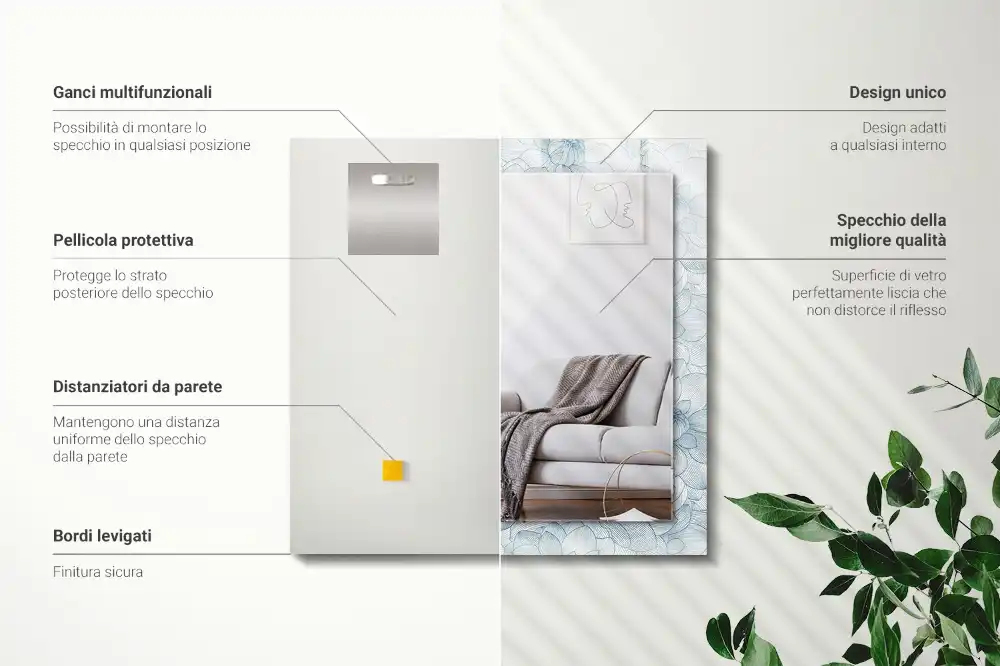 Obdĺžnikové dekoračné zrkadlo Modrý vzor kvetov