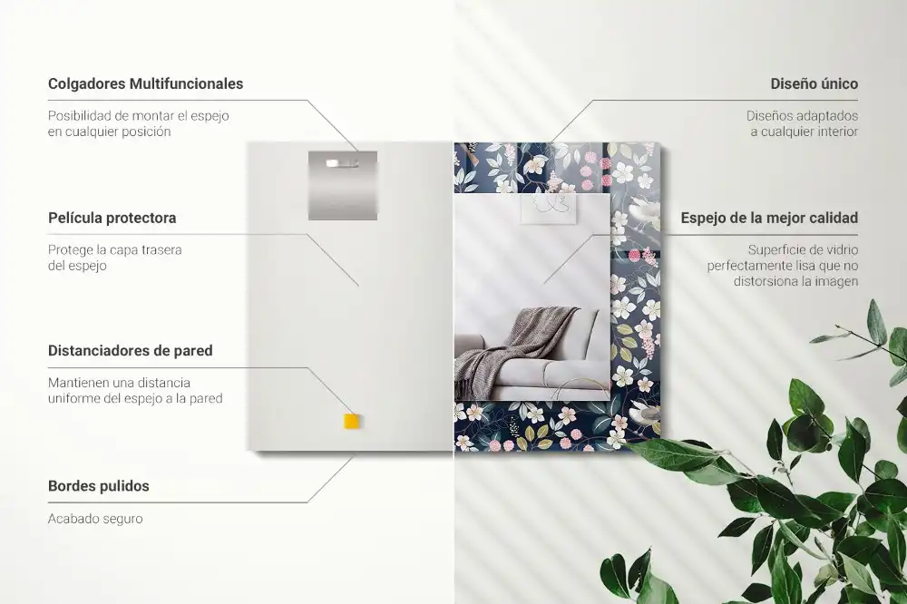 Obdĺžnikové ozdobné zrkadlo kvety listy vtáky