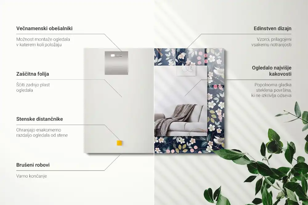 Obdĺžnikové ozdobné zrkadlo kvety listy vtáky