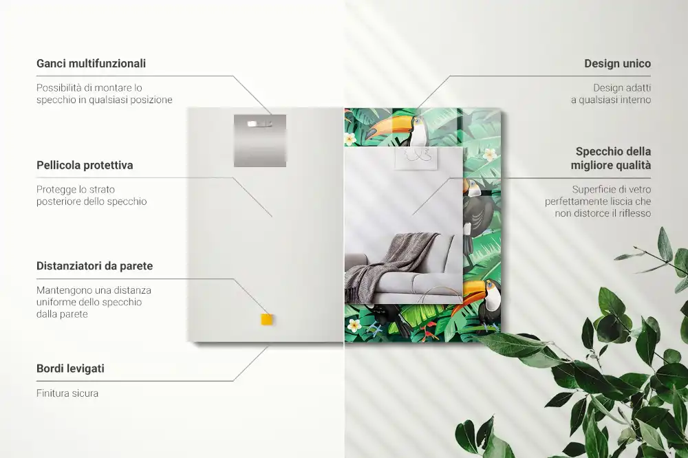 Obdĺžnikové dekoračné zrkadlo Tukany opúšťajú džungľu