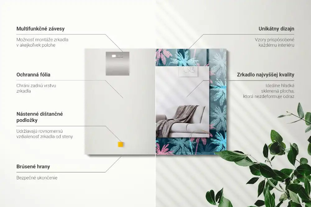 Obdĺžnikové zrkadlo s motívom palmy, farebný vzor