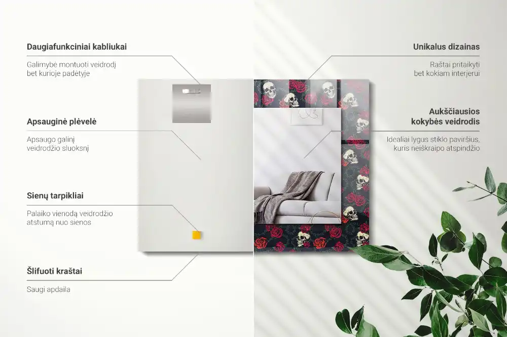 Obdĺžnikové dekoračné zrkadlo Lebky ruže tŕne