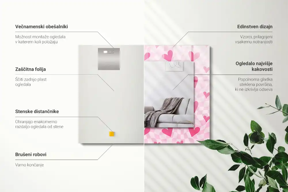 Obdĺžnikové ozdobné zrkadlo Ružové srdcia