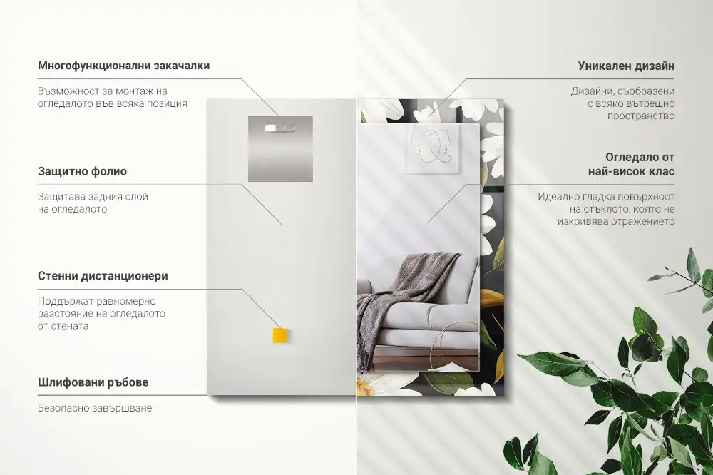 Obdĺžnikové zrkadlo s motívom Listy bielej sedmokrásky