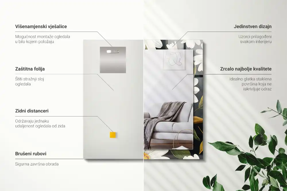 Obdĺžnikové zrkadlo s motívom Listy bielej sedmokrásky