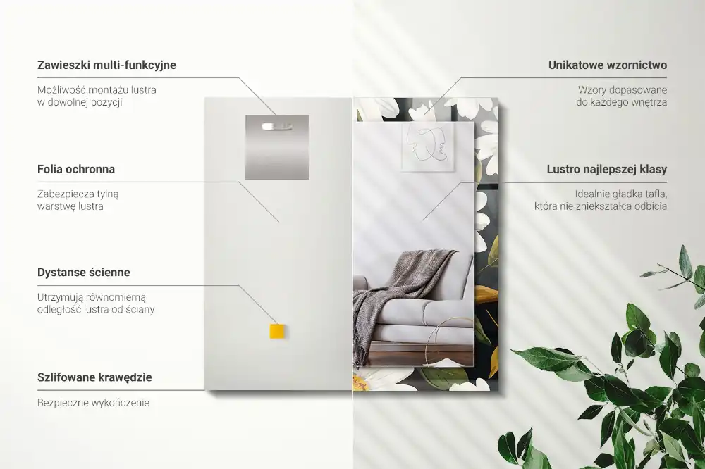 Obdĺžnikové zrkadlo s motívom Listy bielej sedmokrásky