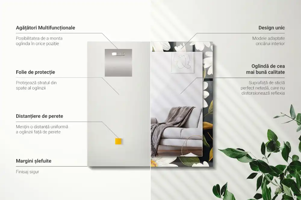 Obdĺžnikové zrkadlo s motívom Listy bielej sedmokrásky