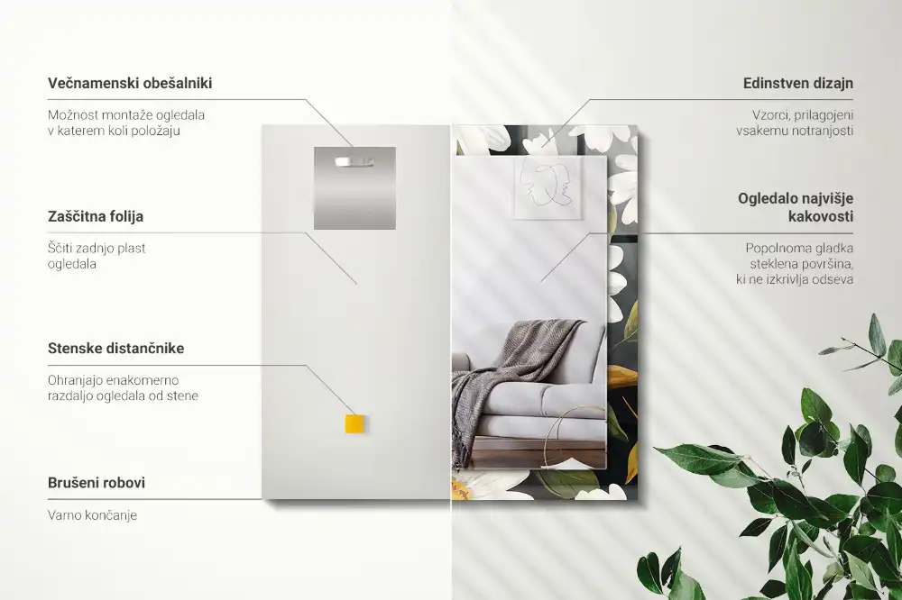 Obdĺžnikové zrkadlo s motívom Listy bielej sedmokrásky