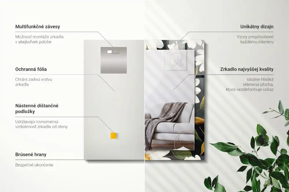 Obdĺžnikové zrkadlo s motívom Listy bielej sedmokrásky