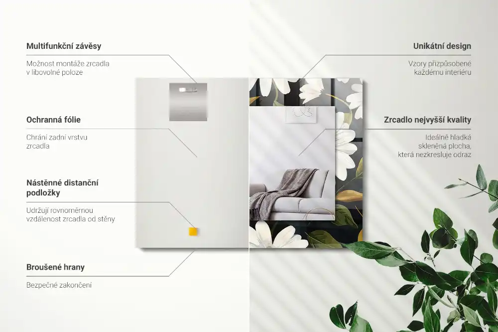 Obdĺžnikové zrkadlo s motívom Listy bielej sedmokrásky