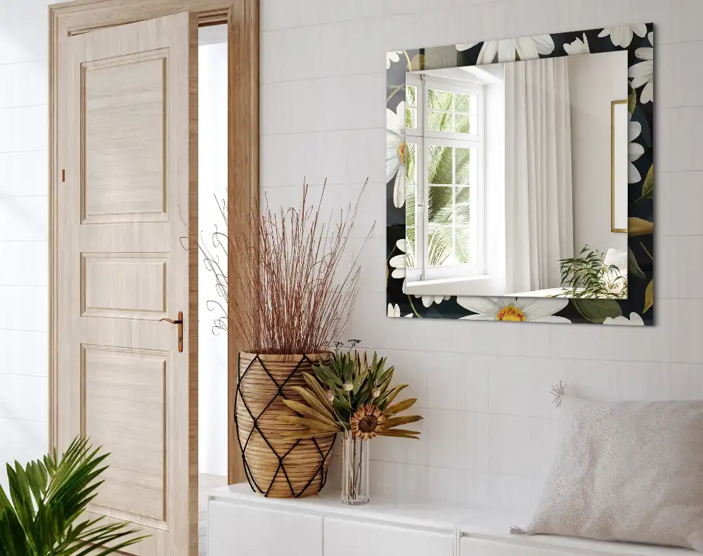 Obdĺžnikové zrkadlo s motívom Listy bielej sedmokrásky