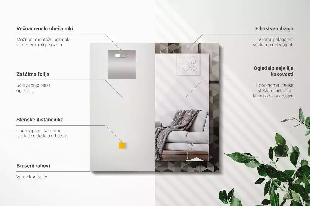 Obdĺžnikové zrkadlo s motívom Čierne a sivé trojuholníky