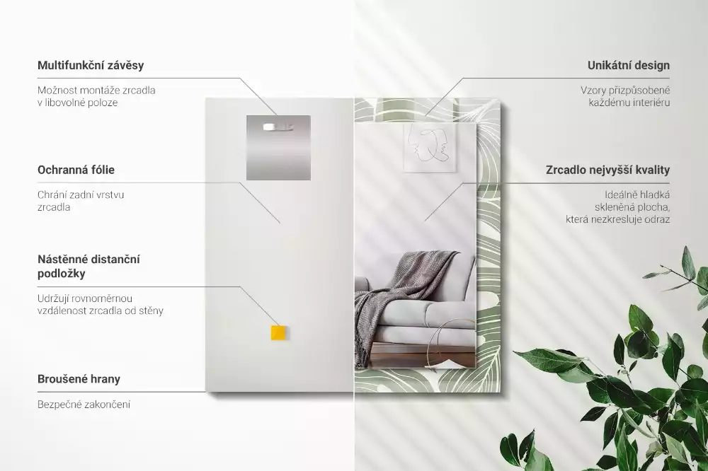 Obdĺžnikové ozdobné zrkadlo Listy monstery