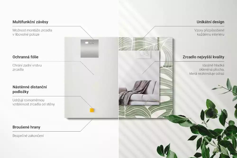 Obdĺžnikové ozdobné zrkadlo Listy monstery