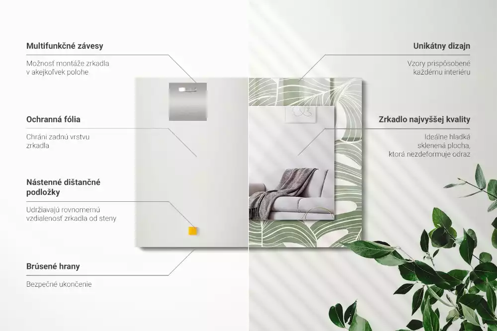 Obdĺžnikové ozdobné zrkadlo Listy monstery